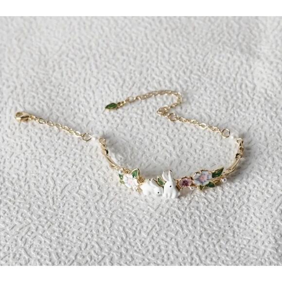 Curved Band Bracelet Bunnies in Flowers Gold Adjustable Chain NWT Cottagecore - Picture 6 of 6